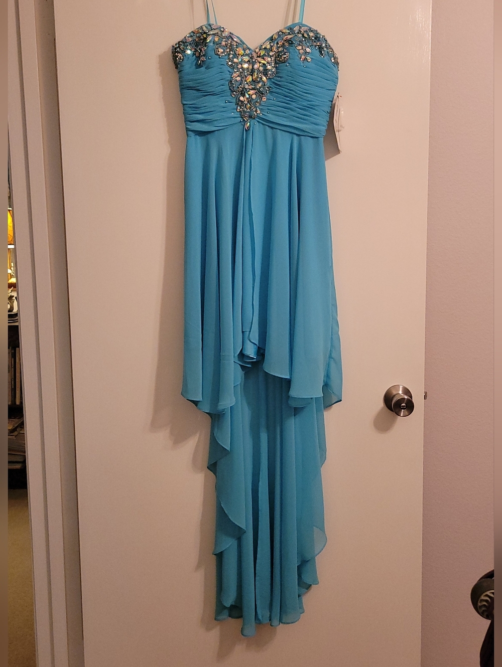 Strapless Turquoise High-Low Chiffon Dress with Beaded Bodice